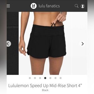 GUC Lululemon Speed Up Shorts, Mid Rise, 4” inseam, black, size 10.